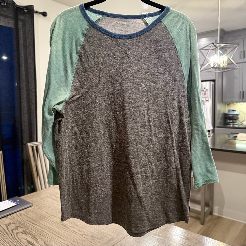 Express Heather Gray Tee with Light Blue Trim